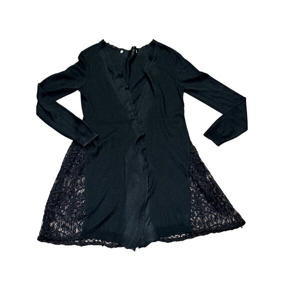 CCC Black Lace Trimmed Long Cardigan Sweater With Scalloped Front Edges Size Med - Picture 5 of 7